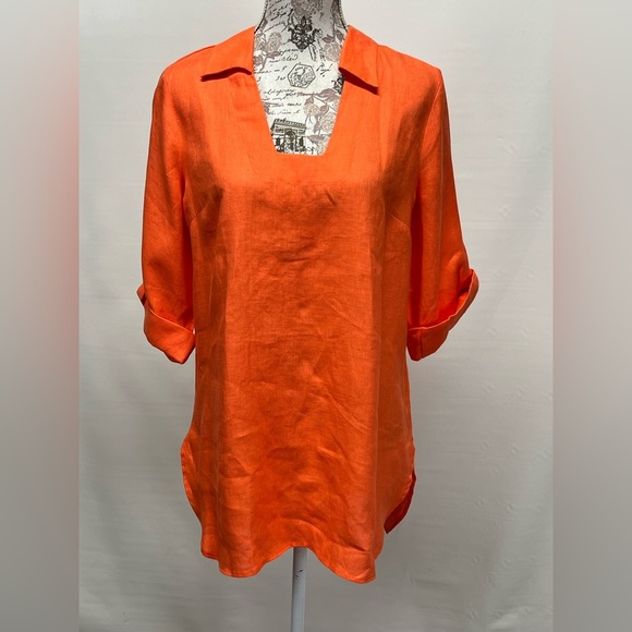 Soft Surroundings Orange 100% Linen Cuffed 3/4 Sleeve top size M - Picture 1 of 12